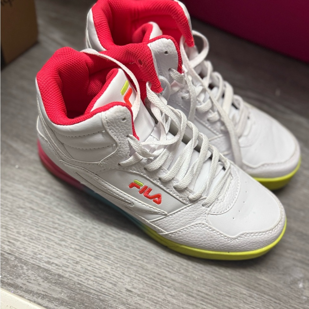 Fila Kids White and Neon High-Top Sneakers